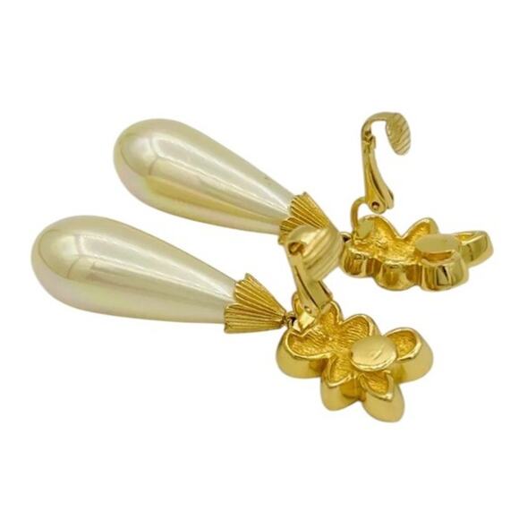 Christian Dior Signed Crystal Pearl Gold Tone Dangle Clip Earrings Crystal Vtg - Picture 5 of 14
